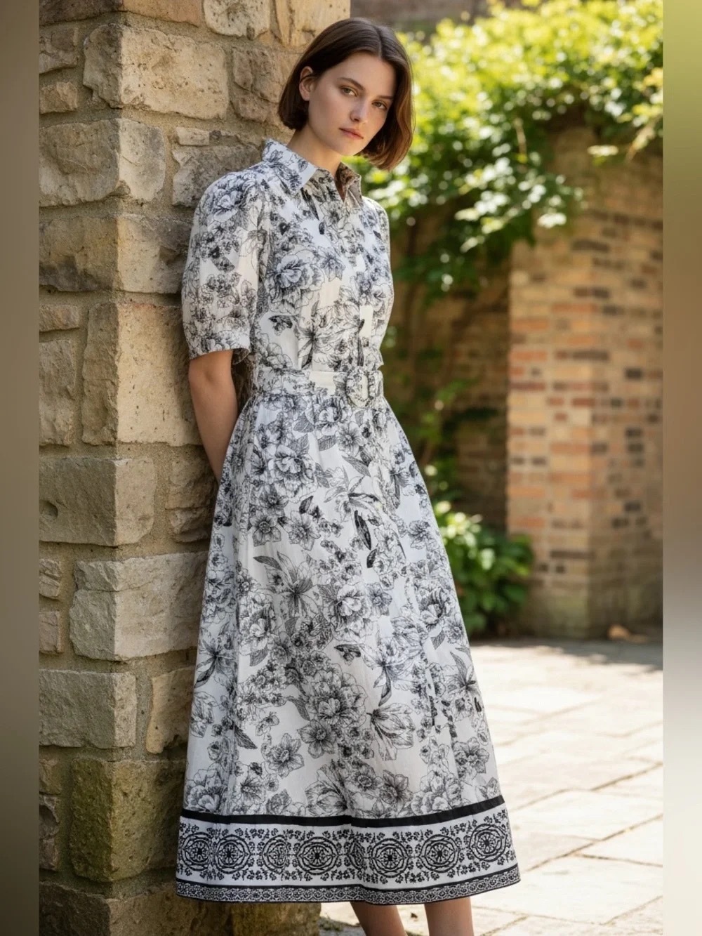 Joie Cream and Black Floral Midi Dress